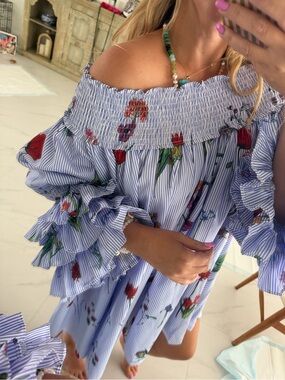 Gracia Blue-White Striped Floral Midi Skirt